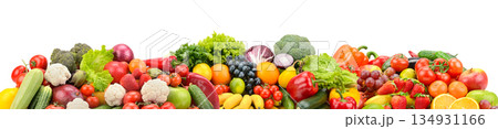 Colorful Assortment of Fresh Fruits and Vegetables Isolated on White Background with Copy Space for Healthy Food, Nutrition, Organic Diet and Clean Eating Concepts 134931166