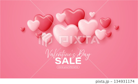 Romantic Valentines Day design featuring floating pink heart shaped balloons in 3D style, ideal for love celebration banners, greeting templates, or February 14 party decorations 134931174