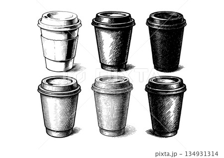 Six detailed sketch-style takeaway coffee cups drawn in black ink on white background, representing vintage coffee and cafe concepts Six detailed sketch-style takeaway coffee cups drawn in black ink on white background, representing vintage coffee and cafe concepts 134931314