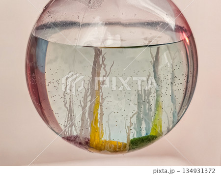 Glass Flask with Fully Grown Crystals on Table Medium Shot 134931372