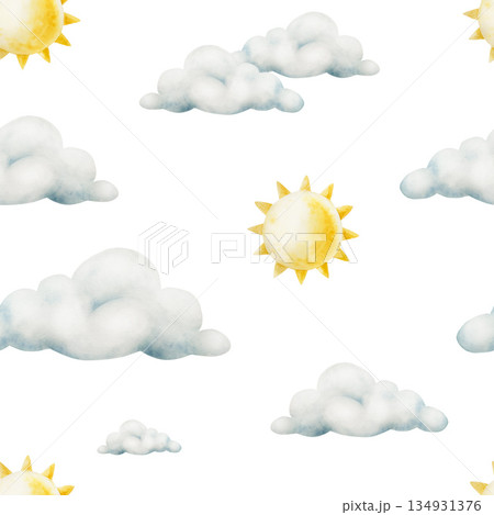 Summer seamless pattern, air clouds with yellow ink shiny sun. Watercolor pastel cotton candy frame. Hand drawn illustration isolated on background, transparent png. Cartoon illustration. Baby shower Summer seamless pattern, air clouds with yellow ink shiny sun. Watercolor pastel cotton candy frame. Hand drawn illustration isolated on background, transparent png. Cartoon illustration. Baby shower 134931376