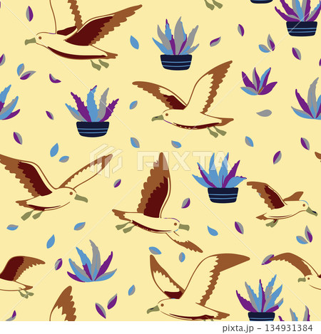 Vector illustration of seamless pattern with flying albatrosses. Perfect for wrapping paper, textile etc. Themes of summer. Vector illustration Vector illustration of seamless pattern with flying albatrosses. Perfect for wrapping paper, textile etc. Themes of summer. Vector illustration 134931384
