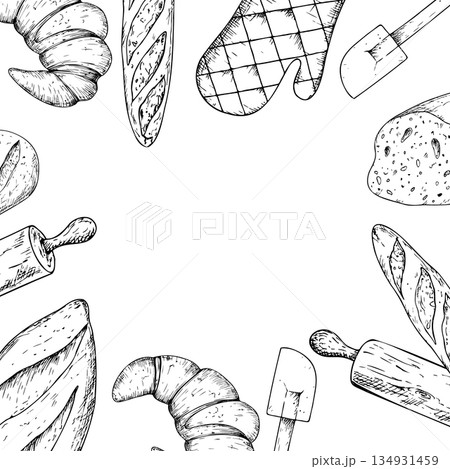 Vector frame, template with bread, pot holders, whisk, silicone kitchen spatula, glove potholder. Graphic ink Oven Mitt, kitchen tool illustration isolated on background. Hand drawn line sketch. For Vector frame, template with bread, pot holders, whisk, silicone kitchen spatula, glove potholder. Graphic ink Oven Mitt, kitchen tool illustration isolated on background. Hand drawn line sketch. For 134931459