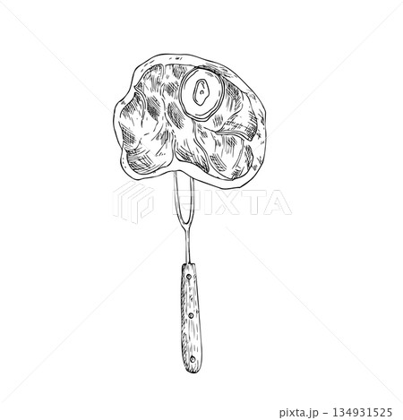 Vector Beef steak on meat fork. Graphic ink kitchen tool illustration for barbecue, isolated on background. Hand drawn line sketch. For designers, prints, logo, icon, menu, postcards, holiday, covers 134931525