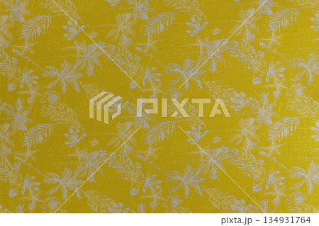 Golden mustard decorative fabric texture with tropical floral pattern, part of textile collection Golden mustard decorative fabric texture with tropical floral pattern, part of textile collection 134931764