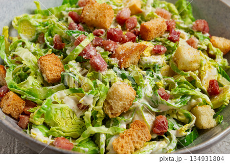 Brussels sprouts Caesar salad, with bacon and croutons, healthy food, homemade, no people, Brussels sprouts Caesar salad, with bacon and croutons, healthy food, homemade, no people, 134931804