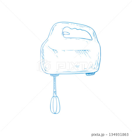 Vector hand mixer. Graphic ink Plastic kitchen tool illustration isolated on background. Hand drawn line sketch. For designers, prints, logo, icon, menu, postcards, holiday, covers 134931863