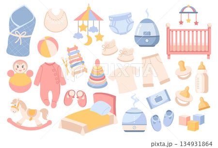 Newborn accessories set. Baby care items. Supplies for feeding and caring for newborns and infants. Flat illustration. 134931864