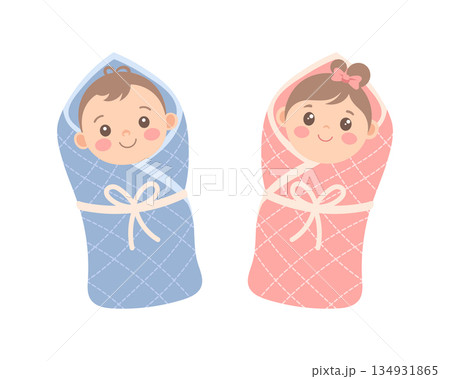 Cute baby girl and baby boy wrapped in a blanket. Adorable newborn twins in blue and pink blankets. Childish illustration. 134931865