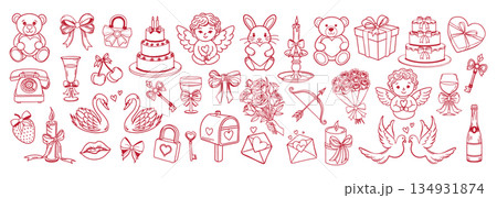 Valentines Day doodle icon set. Romantic collection of hand drawn love and Valentines Day elements. Coquette aesthetic illustration. 134931874