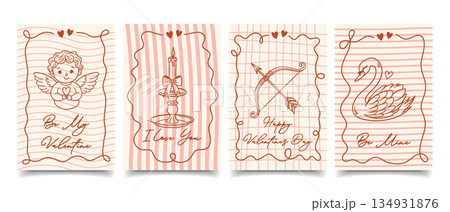 Romantic set of cute valentines day cards with decorative icons. Coquette aesthetic templates with hearts and bows. Hand drawn illustration. Romantic set of cute valentines day cards with decorative icons. Coquette aesthetic templates with hearts and bows. Hand drawn illustration. 134931876