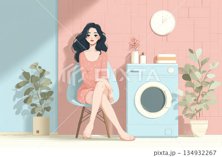 洗濯時間を快適に過ごす空間｜ドラム式洗濯機とインテリアのある室内イラスト 134932267