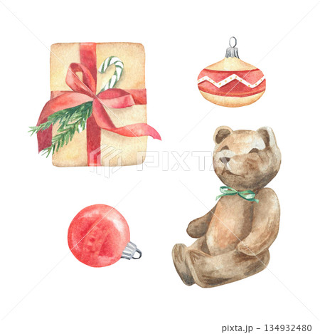 Set of watercolor teddy and Christmas gift Set of watercolor teddy and Christmas gift 134932480