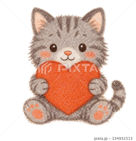 ハートを抱いたサバトラの子猫のイラスト 134932513