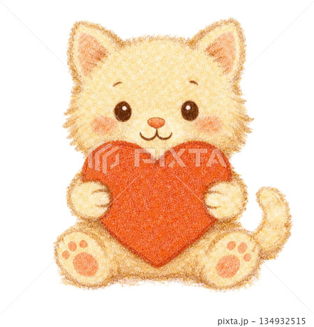 ハートを抱いたクリーム色の子猫のイラスト 134932515