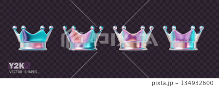 Iridescent neon crown set in 3D. Gradient chrome pink-purple king or queen crown with glossy metallic shine. Royal Y2K emoji. Vector design isolated Iridescent neon crown set in 3D. Gradient chrome pink-purple king or queen crown with glossy metallic shine. Royal Y2K emoji. Vector design isolated 134932600