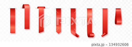Red ribbon tag realistic. Red ribbon banners for promotions, sales, and discounts. Vector isolated elements for marketing and advertising 134932606