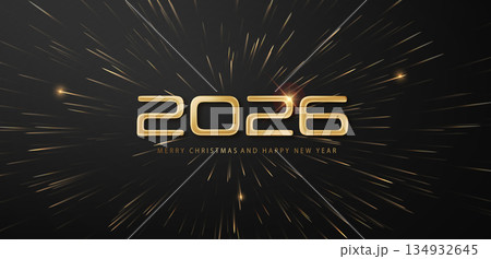 2026 Happy New Year elegant design. Luxury metallic numbers glowing particles for 2026 save date Christmas designs and new year celebration 134932645