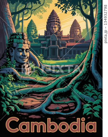 Ancient temple ruins emerge from lush greenery, showcasing detailed stone carvings and towering trees. Sunlight filters through foliage, creating a serene and mystical atmosphere in Cambodia. 134932798