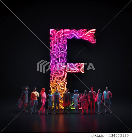 Group of people with neon glowing alphabet letter F. 3D rendering Group of people with neon glowing alphabet letter F. 3D rendering 134933139