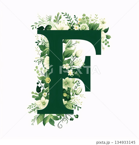 Floral alphabet. Letter F decorated with green leaves and flowers. Floral alphabet. Letter F decorated with green leaves and flowers. 134933145