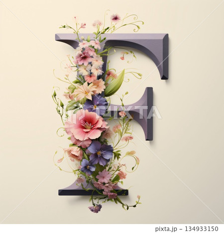 Floral font with flowers and leaves. Letter F. 3d rendering Floral font with flowers and leaves. Letter F. 3d rendering 134933150