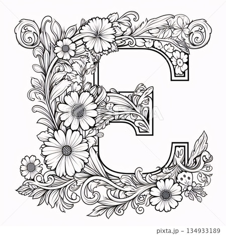 Letter E with floral ornament. Black and white hand drawn vector illustration. 134933189