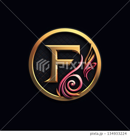 F letter logo with floral ornament in gold circle on black background. F letter logo with floral ornament in gold circle on black background. 134933224