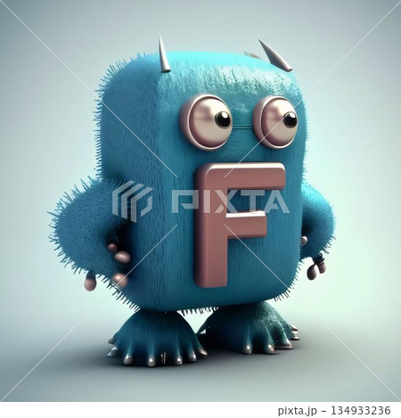 Funny blue monster 3d render on a gray background with shadow letter F 134933236