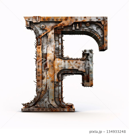 Rusty metal font Letter F 3D render illustration isolated on white background 134933248