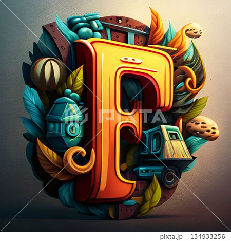 Vintage style letter F with fantasy elements. 3D illustration. 134933256