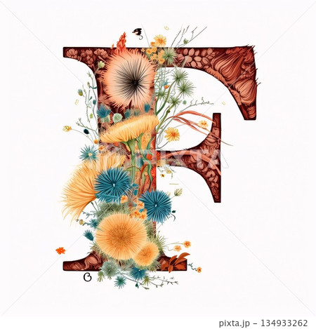 Flower alphabet. Letter F with flowers and leaves. Hand-drawn illustration. 134933262