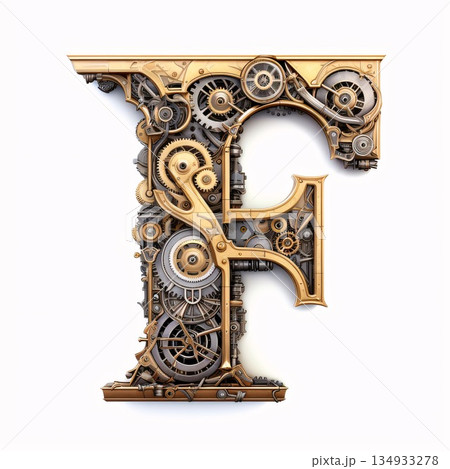 Mechanical alphabet made from gears and cogwheels. Letter F Mechanical alphabet made from gears and cogwheels. Letter F 134933278