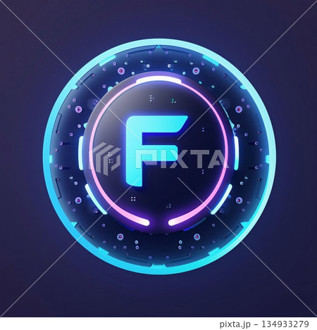 Glowing neon letter F in circle frame. Vector illustration on dark background. 134933279