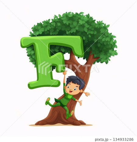 Vector illustration of a boy holding the letter F under a tree. Vector illustration of a boy holding the letter F under a tree. 134933286