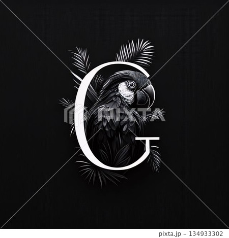 Letter G with parrot and palm leaves on a black background. Letter G with parrot and palm leaves on a black background. 134933302