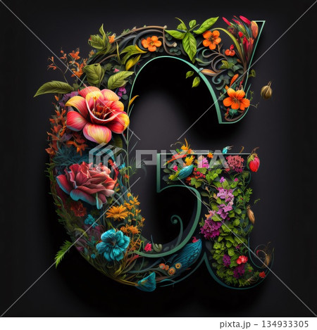 Floral capital letter G, uppercase and lowercase. 3D rendering 134933305