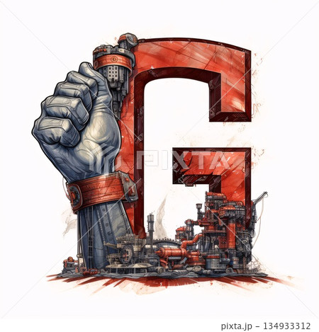 Mechanical alphabet, letter G with hand and industrial chimneys. 134933312