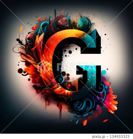 G letter with colorful paint splashes on black background. 3d rendering G letter with colorful paint splashes on black background. 3d rendering 134933325