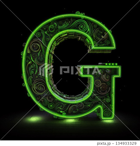Futuristic alphabet, letter G, green color, isolated on black background 134933329