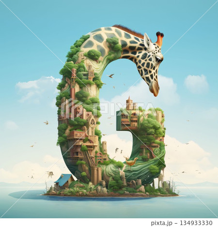 Giraffe with cityscape on the island. 3d rendering Letter G Giraffe with cityscape on the island. 3d rendering Letter G 134933330