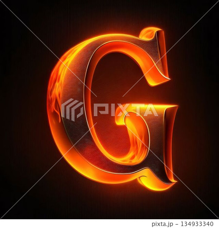 Letter G in fire, 3D render, isolated on black background Letter G in fire, 3D render, isolated on black background 134933340
