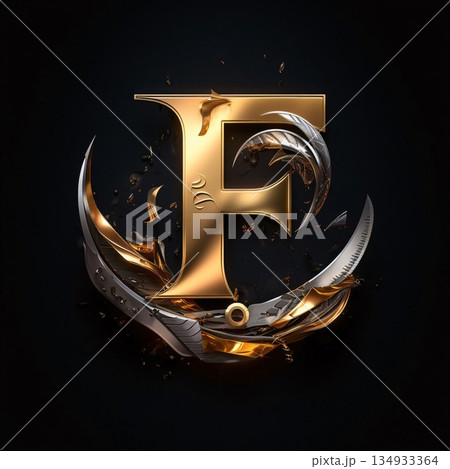 F monogram. Letter F on a black background with gold elements. 134933364