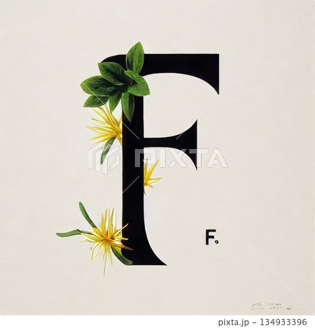 The letter F with yellow flowers and leaves on a white background. 134933396