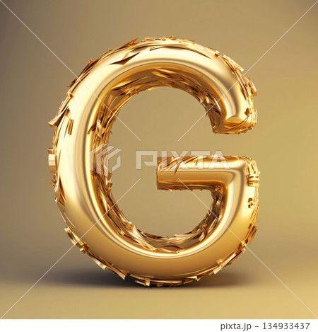 Golden letter G uppercase. 3D rendered font with golden ring isolated on white background. Golden letter G uppercase. 3D rendered font with golden ring isolated on white background. 134933437