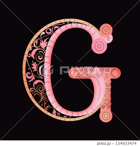 pink letter g with floral ornament isolated on black background, 3d illustration pink letter g with floral ornament isolated on black background, 3d illustration 134933474