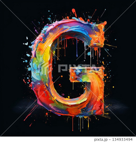 Colorful paint splashes letter G on black background. 3D rendering Colorful paint splashes letter G on black background. 3D rendering 134933494