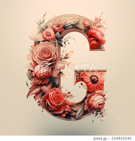 Letter G from the flowers alphabet. Vintage style. 3d rendering 134933545