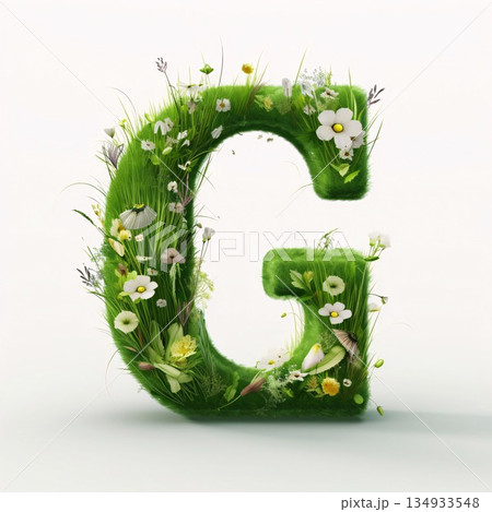 letter of the alphabet made of grass and flowers isolated on white background Letter G 134933548