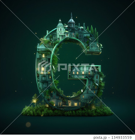 3d rendering of a green eco-friendly letter G in the shape of a house and trees 3d rendering of a green eco-friendly letter G in the shape of a house and trees 134933559